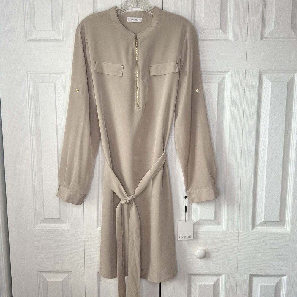 NWT Calvin Klein Zip Front Utility Shirt Dress Roll Tab Sleeve Belted 12 $134